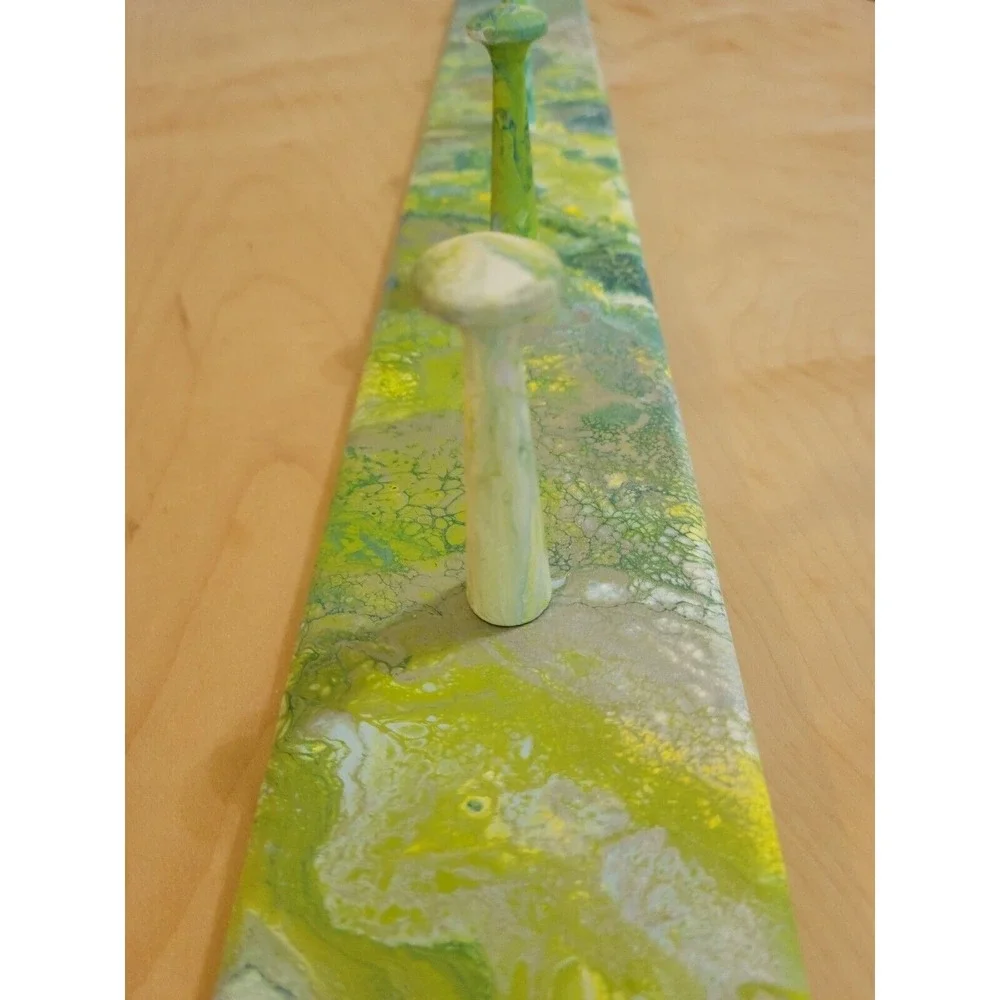 Hand Painted Fluid Art Wooden Wall Rack 5 Peg Hook Green Teal‎ Marbled Entryway